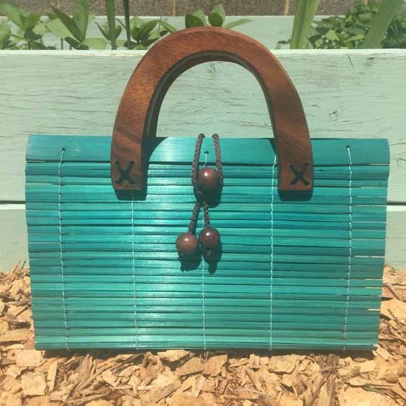 Handbags - Turquoise Blue Bamboo Bag W/ Wood Handles